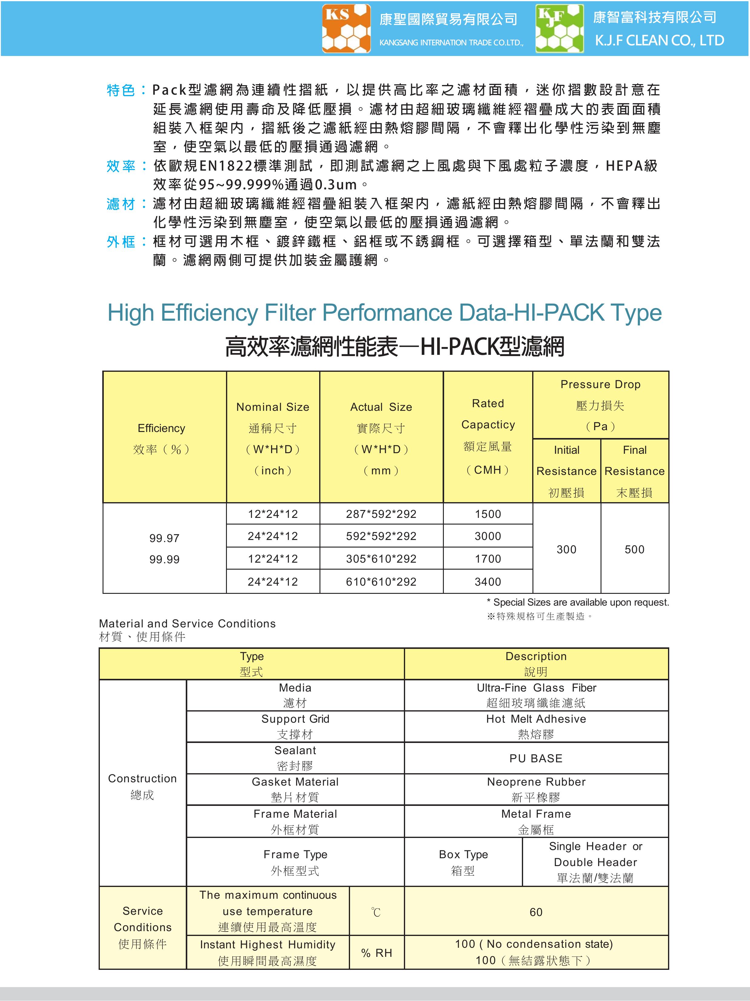 高效率濾網–HI-PACK型 高效率濾網–HI-PACK型